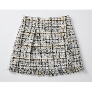 Just Me Fringe Plaid Tweed Mini Skort in Cream and Gray
